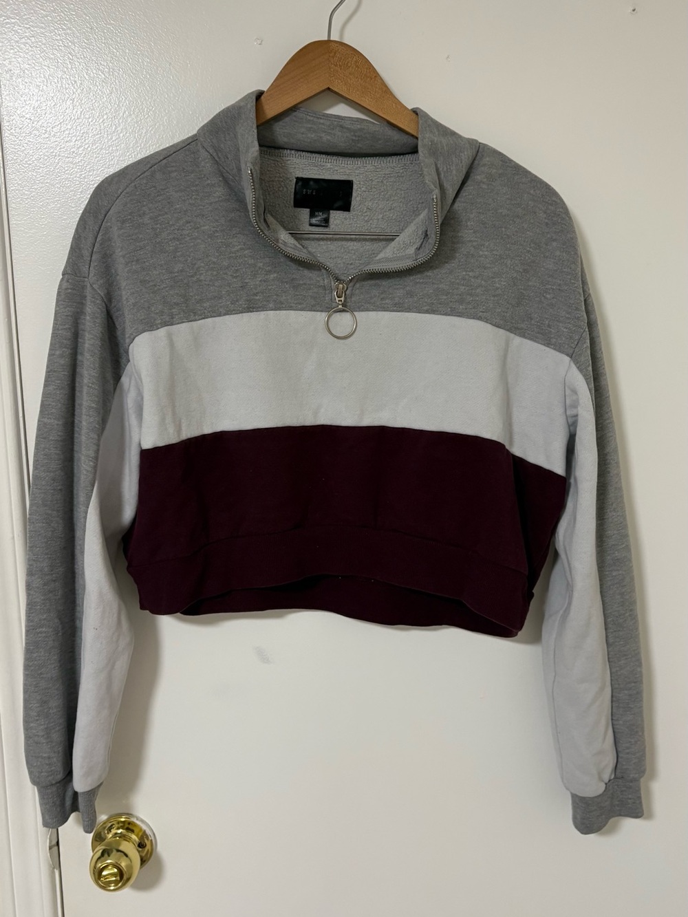 Urban Behavior Colorblock Half-Zip Cropped Sweatshirt - Gray, White & Burgundy